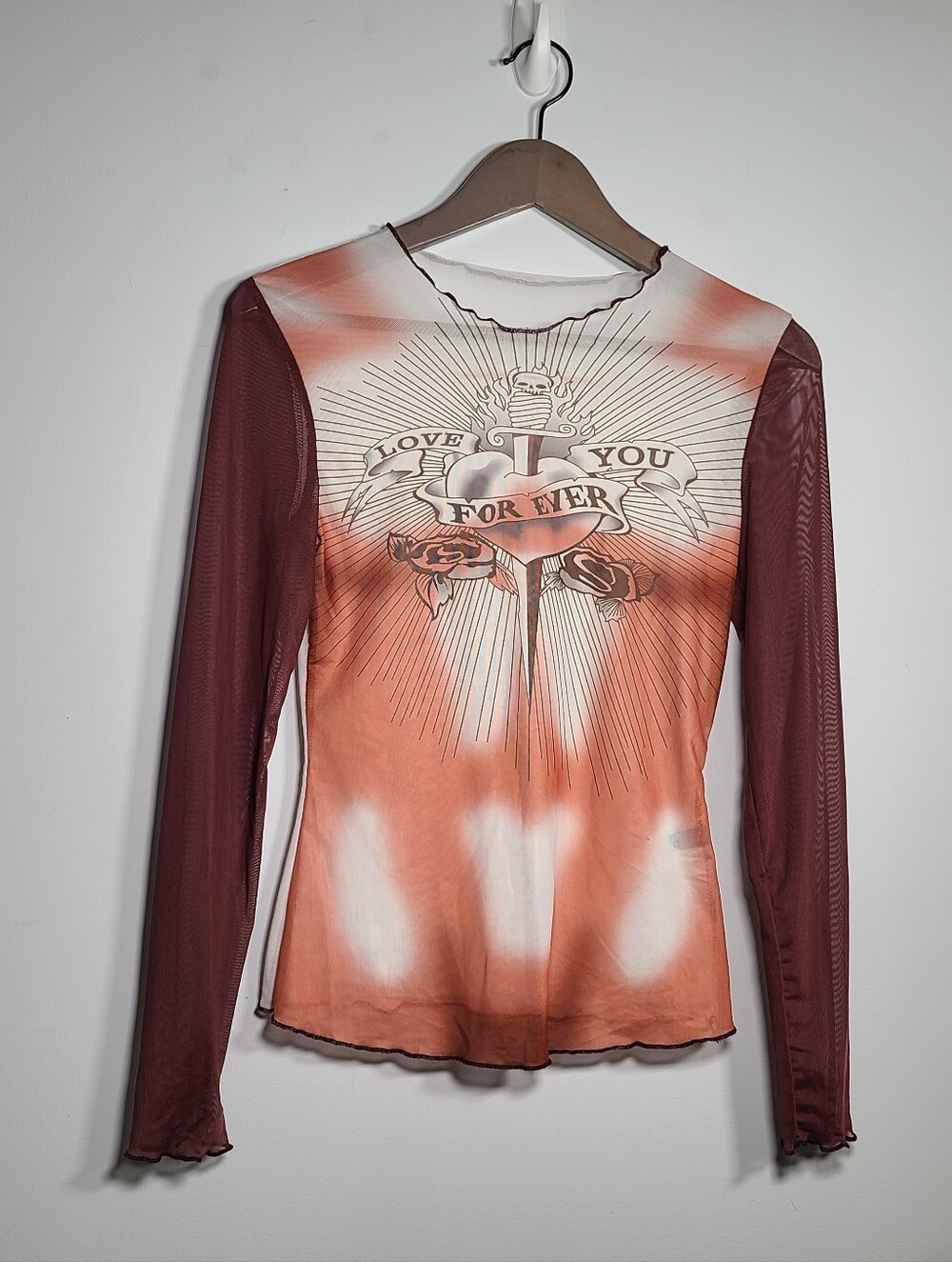 Sheer Long-Sleeve Graphic Mesh Top - Rust Floral Heart Size S